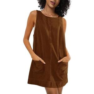 Prliuosu Corduroy Overalls Dress for Women A Line Casual Stretch Jumper Shift Dress with Pockets Size M