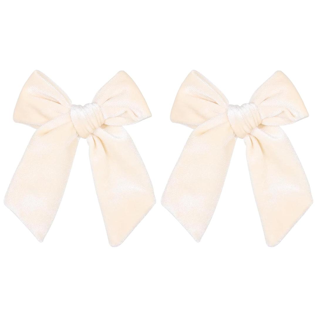 4 Cream White Velvet Ribbon Hair Bow Clip With Long Tail 2pc Soft Ponytail Holder Barrettes for Toddler Teen Flower Girls Women Wedding Pageant 1st Communion Dress Accessory Gift