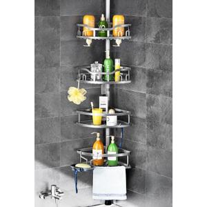 HAMITOR Corner Shower Caddy Tension Pole: Rustproof 4-Tier Bathroom Organizer Shelves for Bathtub Shampoo Storage - 47-121 Inch Quick Install Adjustable Rod Standing Rack with Soap Rack - Silver Gray