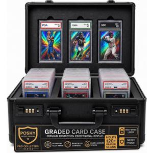 Poshy Graded Card Case with Lock – PSA Slab Case for Sports Cards – 3 Row Graded Card Storage Box with 6 Foam Inserts – Fits PSA, GMA, HGA, NGS, SGC and CSG – Holds up to 480 Top Loaders