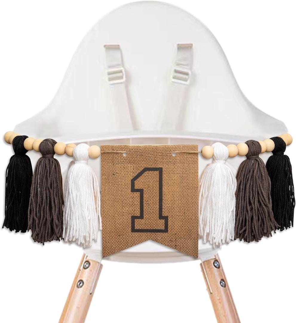 Rustic Burlap 1st Birthday High Chair Banner - First Birthday Party Decoration,Neutral Tassel Garland,Boho Smash Cake Party Supplies For Boys or Girls (Brown)