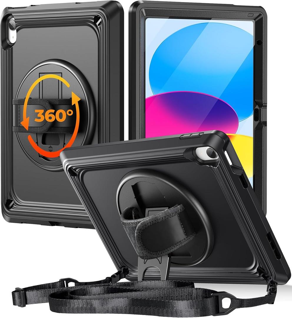 TSQQST iPad (A16) 11th/10th Generation Case 10.9 Inch 2025/2022 with Screen Protector | Military Grade | 360 Rotating Stand & Hand Shoulder Strap | Rugged Silicone Heavy Duty Drop Protection | Black