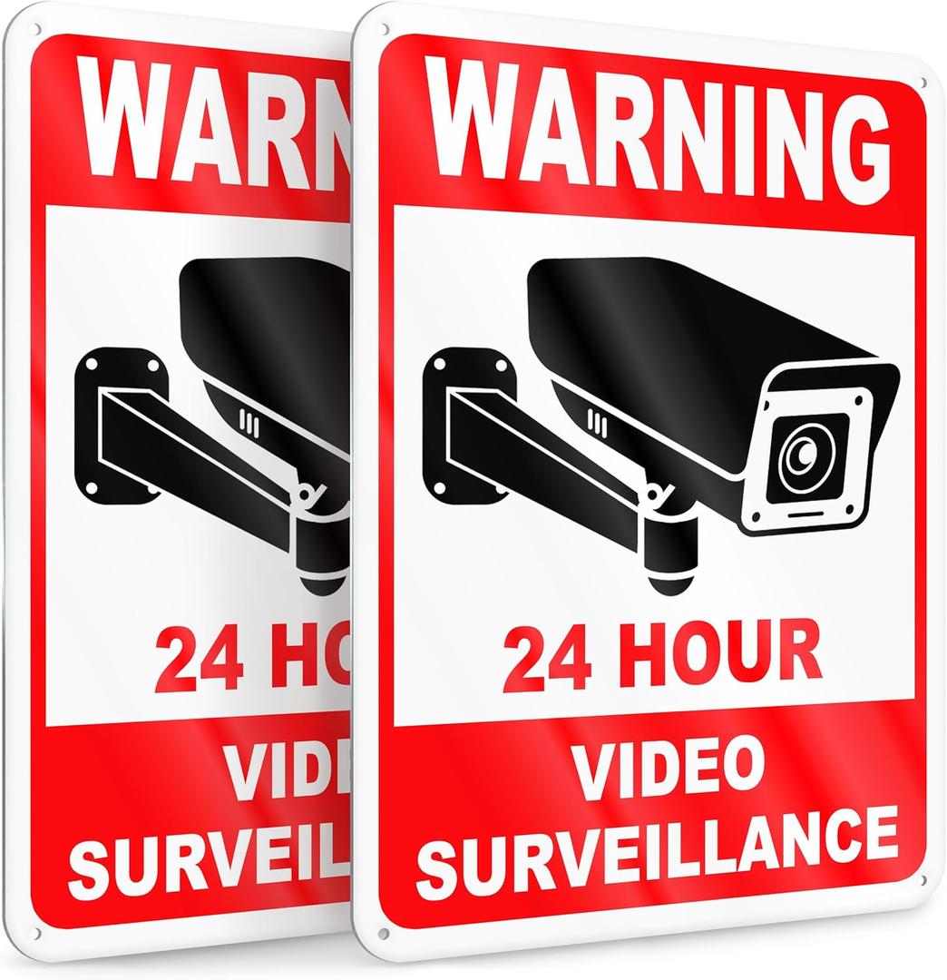 2 PC 24 Hour Video Surveillance Sign, Reflective 7x10 Aluminum Smile You're On Camera Signs Outdoor, Weatherproof Security Camera Warning Signs for Home & Business, UV Protected Rust-Free