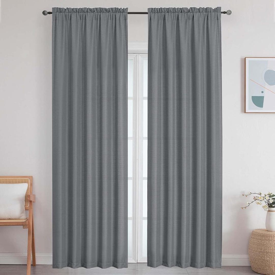 Extra Long Dark Grey Curtains for Bedroom Living Room 108 Inches Long 2 Panels Set, Light Filtering Faux Linen Textured Soft Airy Solid Rod Pocket Curtains Drapes, 2 Pcs Each 50Wx108L Inch