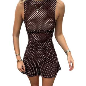 Polka Dot Mini Dress for Women Sleeveless Round Neck Bodycon Flared Hem Casual Summer Outfit 2025 (M)