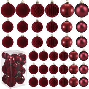 Soulchen 42 Pcs Velvet Christmas Ornaments Set Flocked Burgundy Christmas Ball Ornaments Hanging Shatterproof Xmas Ball Decor with 5 Styles in 3 Sizes for Xmas Tree Holiday Indoor Outdoor Home Decor