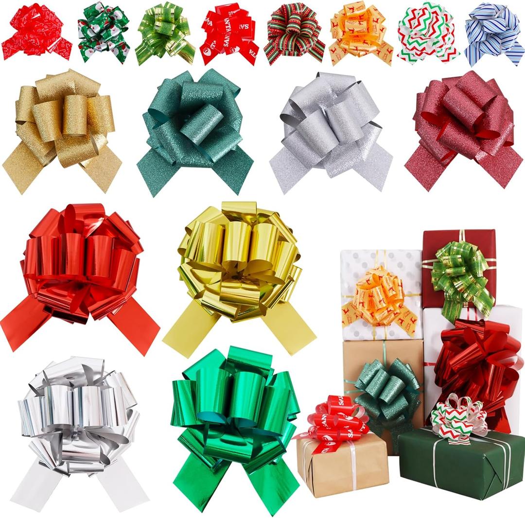 TONIFUL Multi-Size Christmas Pull Bows - 24 Piece Aluminum&Glitter Gift Wrap Bows with Christmas Pattern for Gift Wrapping, Wine Bottle, Treat Bags, Baskets Decor, Indoor Outdoor Decoration (Chris2)