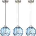 Hanging Modern Farmhouse Pendant Light Fixture,6.3" Hammer Globe Blue Glass 3 Pack Mini Pendant Lighting Brushed Nickel Finish for Kitchen Island Dinning Over Sink Living Room Decor