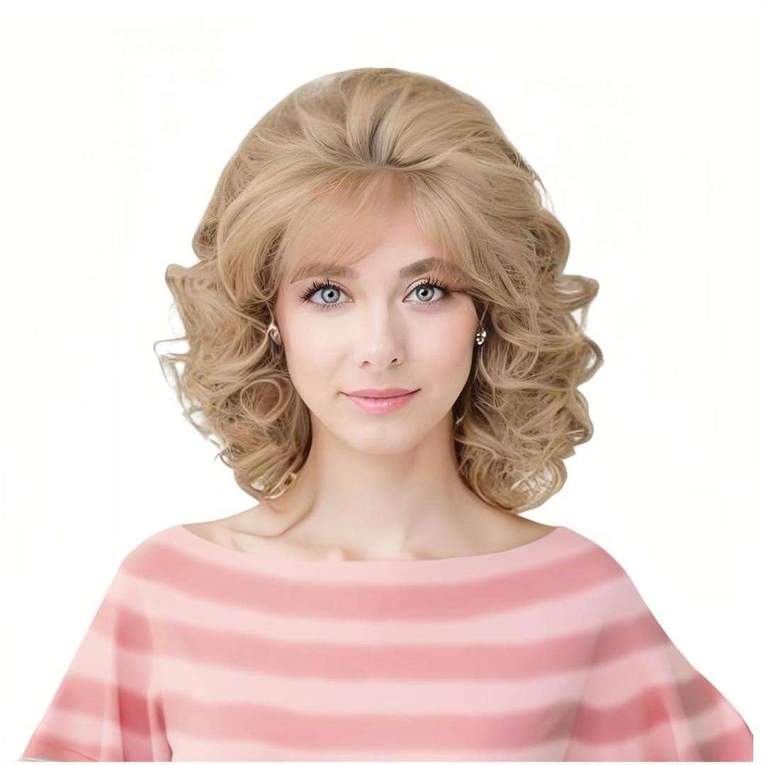Rugelyss Vintage Short Blonde Beehive Wig with Bangs Curly Wavy Heat Resistant Synthetic Hair Wigs for Women fits 70s 80s Costume or Halloween and Party