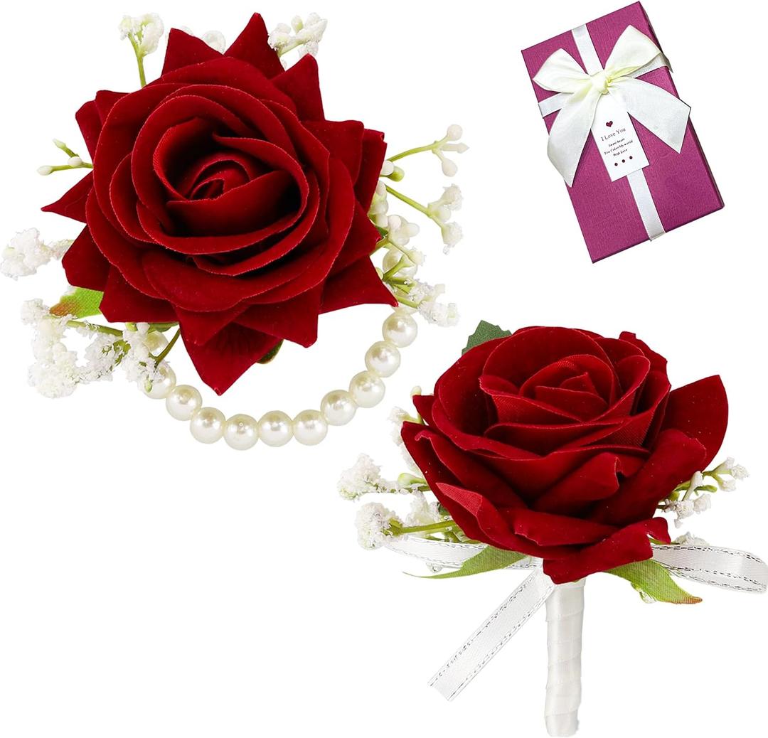SITUMEIZI 2Pcs Red Rose Corsage and Boutonniere Set Corsage Wristlet Band Bracelet for Prom Decor and Boutonniere for Men Wedding Flowers Accessories Party Suit Ceremony Decoration with Gifts Box