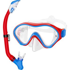 Snorkeling Gear for Kids with Foldable Silicone Full Dry Snorkel, Kids Snorkel Set Anti Leak Youth Junior Snorkeling Package Diving Mask Soft Tube with Mesh Bag Scuba Swimming Goggles (Red+Blue)