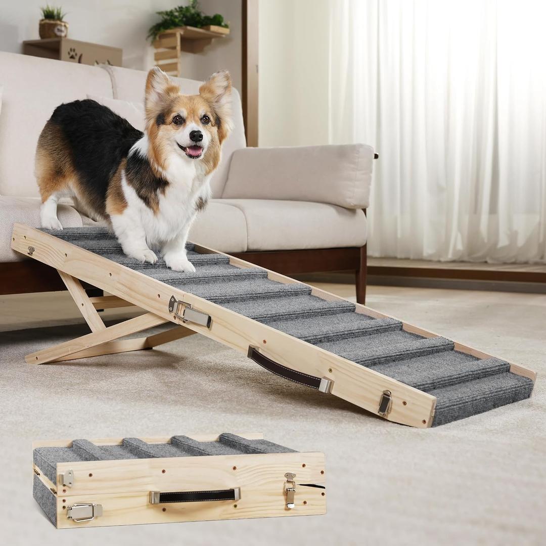 Dog Ramp Dog Stairs for Large Dogs Foldable Dog Ramp with 5 Adjustable Heights from 13.98'' to 27.56" Wood Pet Ramp with Non Slip Carpet Portable Puppy Ramp for Couch, Sofa, Bed, Car