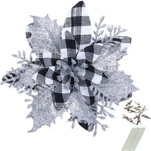 GREENTIME 12 Pcs Glitter Poinsettia 5.5" Artificial Flowers Christmas Buffalo Check Clips Stems Xmas Tree Ornaments for New Year Party Stairs Fireplace Porch Balcony Garden Church Wreath Decoration (Black&White Slattice)