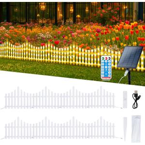 Hopolon 8 Pack White Picket Fence for Garden, 11.1in (H) X 9.1ft (L) Garden Fence Border with 144 Led Solar Lights and Remote, Decorative Mini Pocket Fence for Small Flower Path Tree Yard Pet Barrier