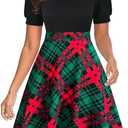 Mokayee Womens Summer Short Puff Sleeve Casual Semi-Formal Fit and Flare Church Wedding Guest Work Dresses with Pockets (Medium, Black+ Plaid 1)