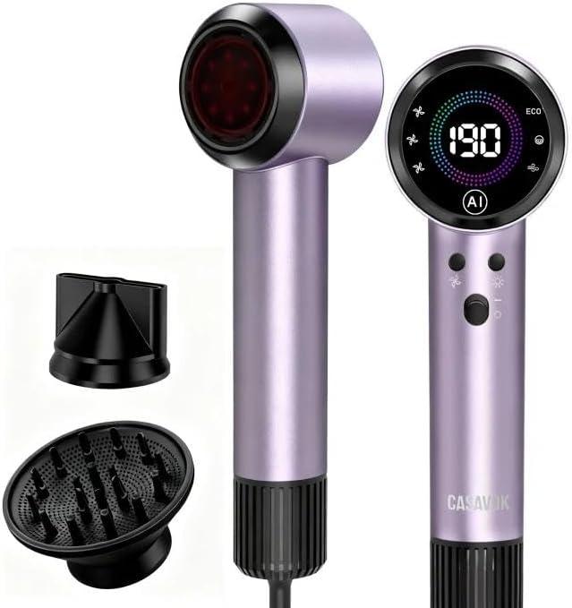 Ionic Hair Dryer with Auto-Adjusting Sensor,AI Hair Dryer with Magnetic Diffuser,160000 RPM High-Speed Hair Blow Dryer (Purple)