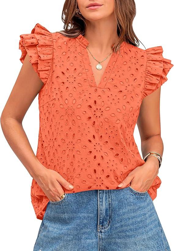 ZESICA Women Eyelet Spring Summer Tops Dressy Casual V Neck Ruffle Cap Sleeve Cotton Boho Shirts Embroidered Blouses 2026(L)