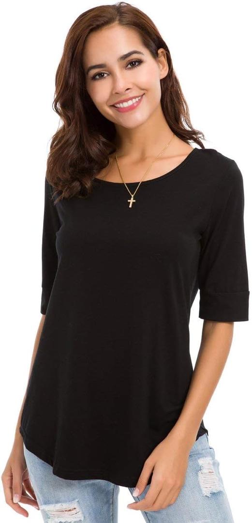 Women's Casual T Shirts Cotton Mid Sleeve Summer Basic Tunics Tee Tops Fashion (Black, XXXL)