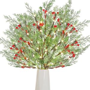 Yuefunny 4 Pcs 31 Inch Lighted Faux Cedar Branches Christmas Norfolk Pine Branches Artificial Cedar Picks and Sprays LED Light Greenery Stems for Winter Christmas Vase Decor (Classic Style)