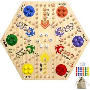 Wooden Board Game, Board Game Original Marble Game Double Sided Painted 2 to 6 Player Fast Track Wooden with 6 Colors 24 Marbles 6 Dice for Adults Kids Family(24 INCH)