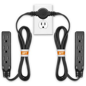 Twin Extension Cord Power Strip - 12FT Dual Extension with Flat Wall Plug, Split Extension Cord with Multiple Outlets,Double Head Outlet for Behind Bed, Couch,Indoor Flush Design(Black)
