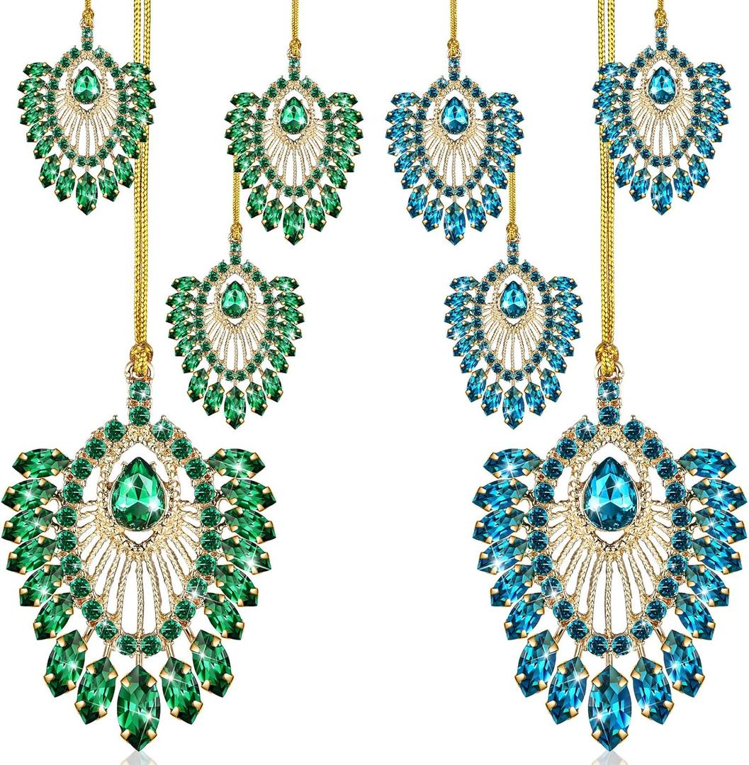 Peryiter 8 Pcs Metal Christmas Ornament Christmas Diamond Ornaments for Christmas Tree Xmas Rhinestone Hanging Decorations Colorful Keepsake Gifts for Sister Mom Women(Peacock)