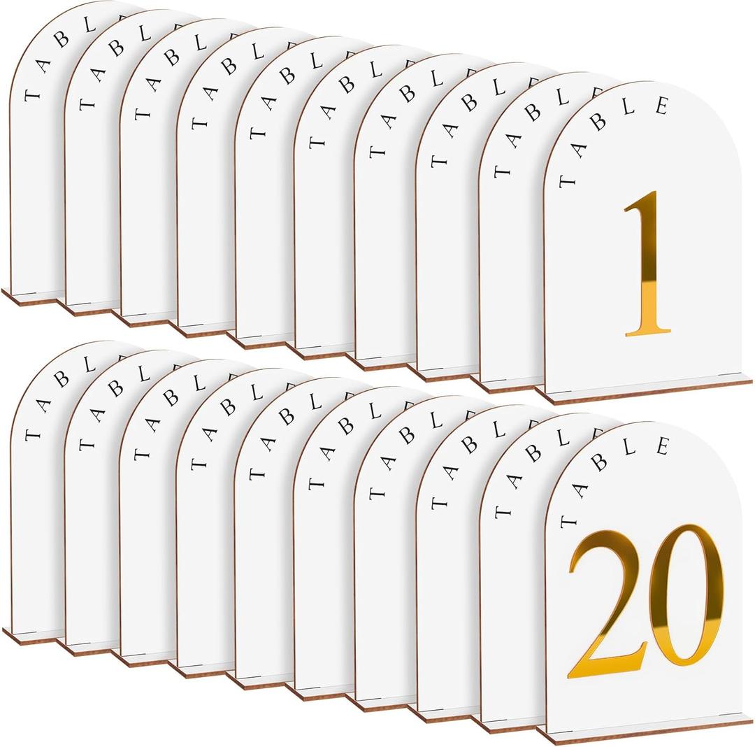AceOrbit 20 Pcs Wooden Wedding Table Numbers 1-20 with Base, 5 x 7 Inch Self Standing Gold Table Numbers for Wedding Reception Rustic Arch Sign for Tables Centerpieces Banquet Restaurant Party Decor