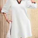 Wenrine Womens 3/4 Sleeve Mini Dress Casual V Neck Collared Textured Loose Fall A Line Argyle Dresses with Pockets (White)