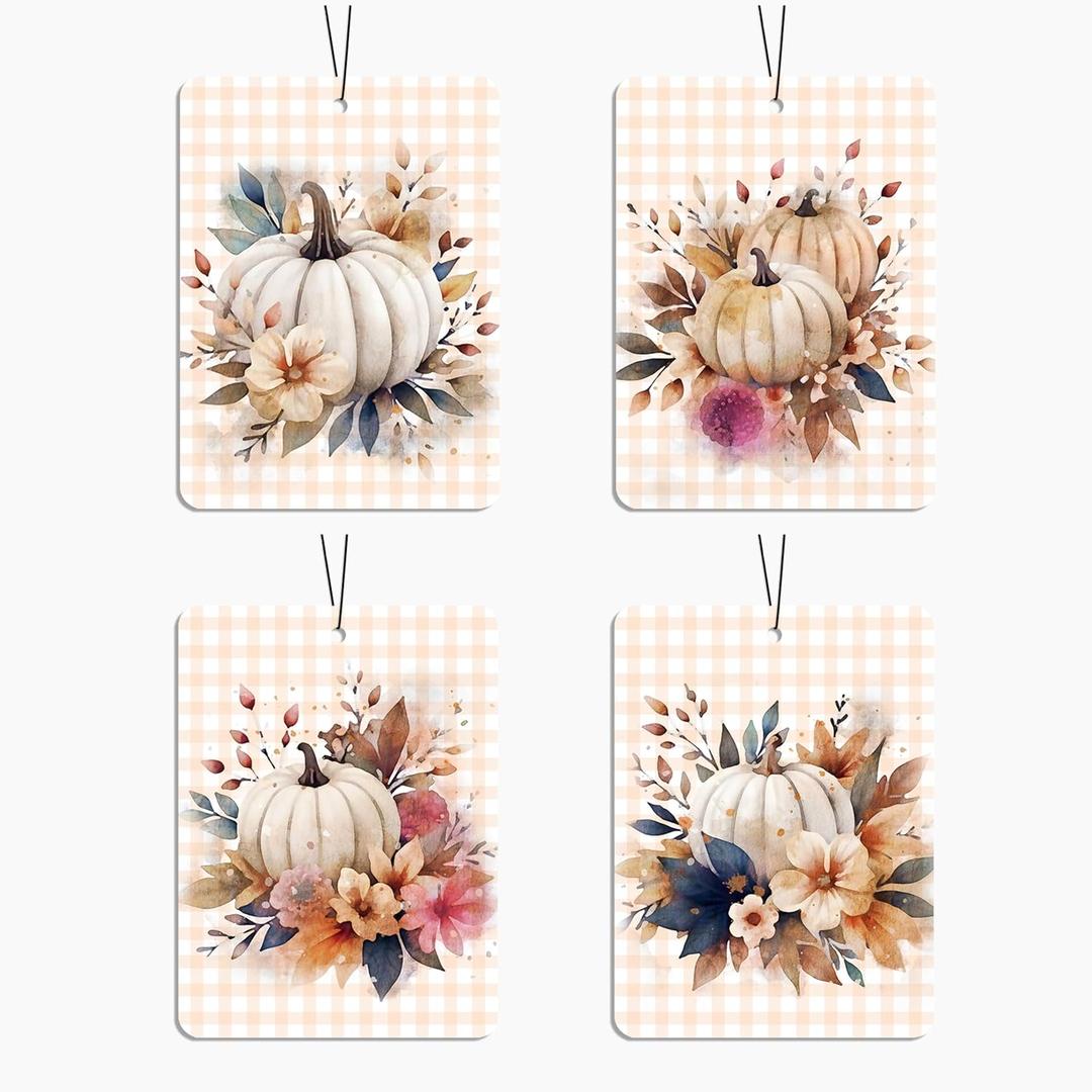 Fall Pumpkin Car Air Freshener 4 Pcs, Watercolor Floral Scented Hanging Decor for Women, Vehicles Home Office, Autumn Harvest Mirror Accessory Gift
