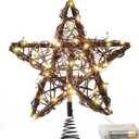 Christmas Star Tree Toppers Rattan Natural Xmas Tree Topper Lighted with 10 Inch 50led Warm White Lights, Rustic Star Treetop for Christmas Ornament Indoor Party Decoration