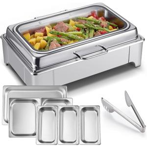 Electric Chafing Dish Buffet Server Set, Stainless Steel Full Size & Half-Size &Three-Section Food Pan with Temp Control, Roll Top Stainless Steel Food Warmers for Catering Buffet (A-01)