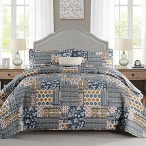 Mybedsoul Dark Grey Quilt Set Queen Size, 3 Pieces Plaid Floral Bedspread Set Patchwork Reversible Bedding Set Microfiber Lightweight Bedspread Coverlet Set for All Season 96"x90", Dark Gray 