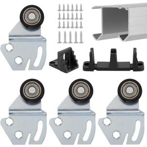 Sliding Closet Door Roller Kit with 48inch Track  Top Hung Door Replacement Hardware with 1-Inch Convex Ball Bearing Wheels, Stamped Steel, 1/4" & 1/2" Offset Brackets.