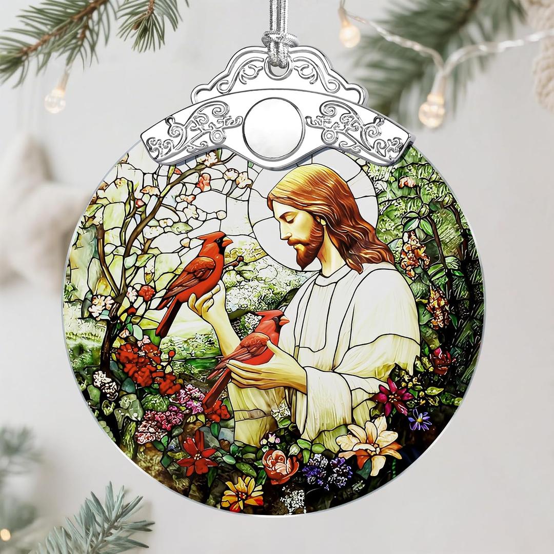 3 x Jesus with Cardinals Ornament, Christian Christmas Ornament, Religious Christmas Decor, Jesus Christ Decoration, Memorial Gift, Christian Gifts, Religious Gifts, Gift Idea