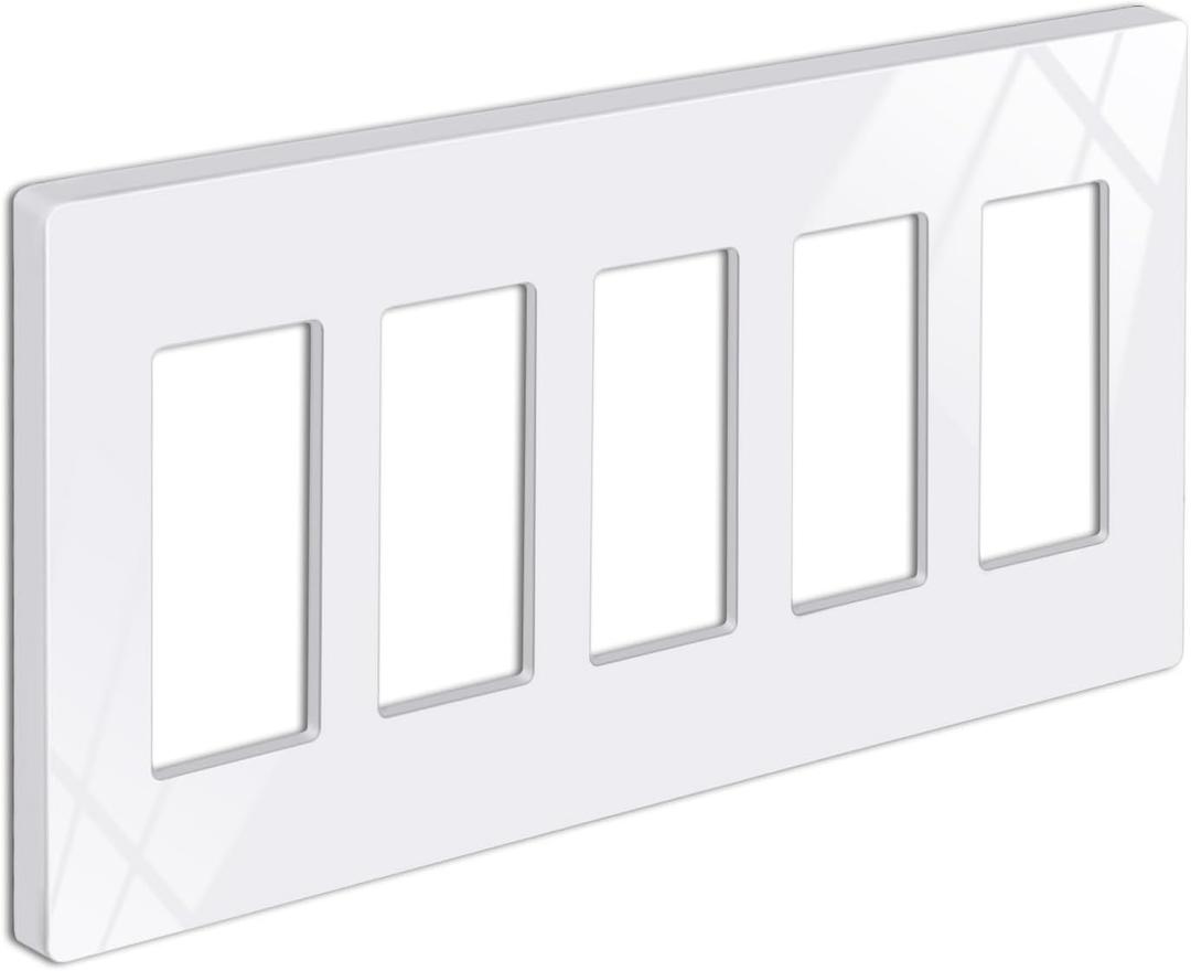 BESTTEN 5-Gang Screwless Wall Plate, Decorator Outlet Cover, Decorative Switch Plate, USWP6 Gloss Snow White Series, Decor Face Plate, H4.69 x W10.18, ETL Listed