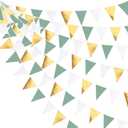 32Ft Sage Green Party Decorations Sage Green and Gold Triangle Flag Fabric Banner Pennant Bunting Garland Streamers for Rustic Party Wedding Baby Shower Birthday Home Nursery Outdoor Garden Decor