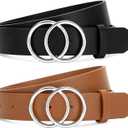 SANSTHS 2 Pack Women Leather Belts Faux Leather Jeans Belt with Double O Ring Buckle, Size: XS: Fit Waist Size 26"-33"