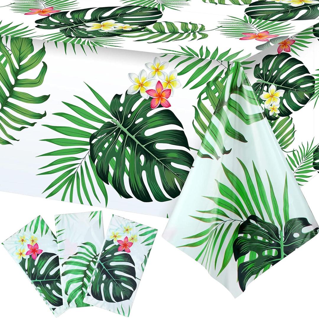 Tatuo 3 Pieces Hawaiian Luau Party Tablecloth Palm Leaves Table Cloth 54 x 108 Inches Plastic Disposable Table Decorations for Summer Pool Beach Cocktail Aloha Safari Jungle Party Supplies