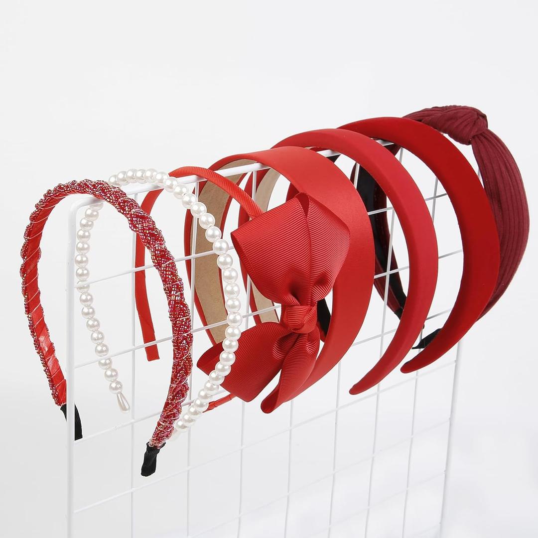 7 PCS Fashion Headbands for Women Floral Vintage Wide Headband Cute Pearl HeadBand Twisted Red Hair Bands for Girls Hair Non Slip Hair Accessories (Red)