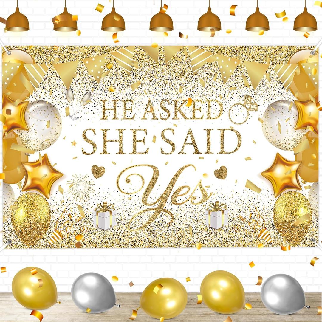 Gold Engagement Party Decorations White Gold Engagement Banner Backdrop He Asked She Said Yes Banner Decorations Wedding Just Engaged Backdrop for Wedding Happy Engagd Party Favors