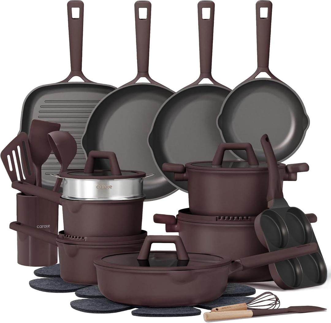 CAROTE 31pcs Nonstick Cookware Sets, Pots and Pans Set | Egg Pan & Grill Pan Included, Ultra Durable, Fast & Even Heating, Easy Clean, All-Stovetop Compatible