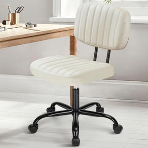 DUMOS Armless Home Office Desk Chair -Small Ergonomic with Low Back Lumbar Support, Height Adjustable PU Leather Computer Task with 360 Swivel Rolling Wheels, for Small Space, Beige White