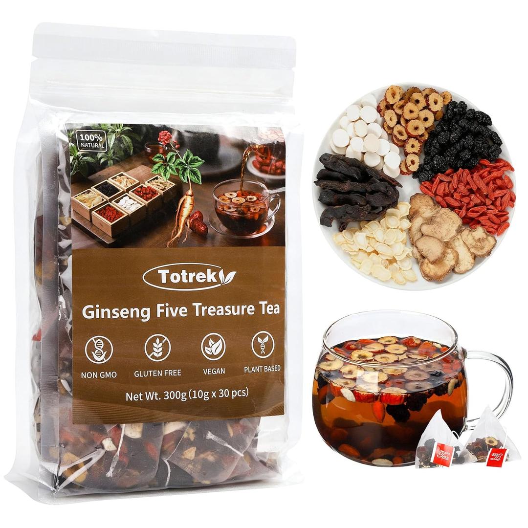 Ginseng Five Treasure Tea, 10g X 30 Bags, Made with 7 Precious Ingredients Formula, Natural Chinese Herbal Teas for Men Women