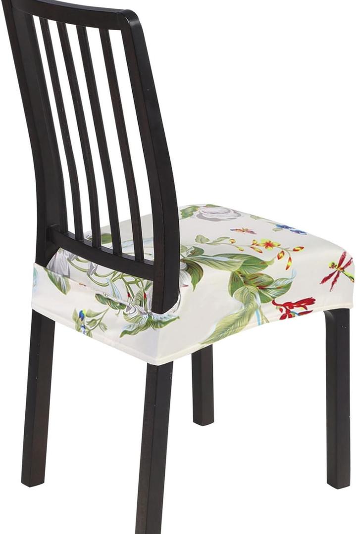 SearchI Stretch Dining Chair Seat Covers Set of 4, Soft Removable Washable Seat Covers for Dining Chairs, Dining Room Seat Cover Slipcover Protector (Rear-Covered, Beige Flower)