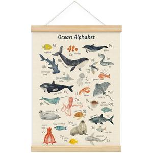 MOFUYU Ocean Nursery Decor,Ocean Alphabet Poster for Classroom Wall,ABC Posters Hanger Frame for Kidsroom,Nursery,Classroom,Kindergarten 12x16 Inch