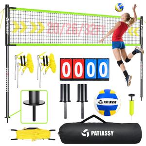 Portable Volleyball Net Set for Backyard & Beach, Adjustable Width (32/26/20FT) & Height, Anti-Sag Tension Design, Metal Stakes for Outdoor Stability, PU Volleyball with Pump, Scoreboard and Carry Bag