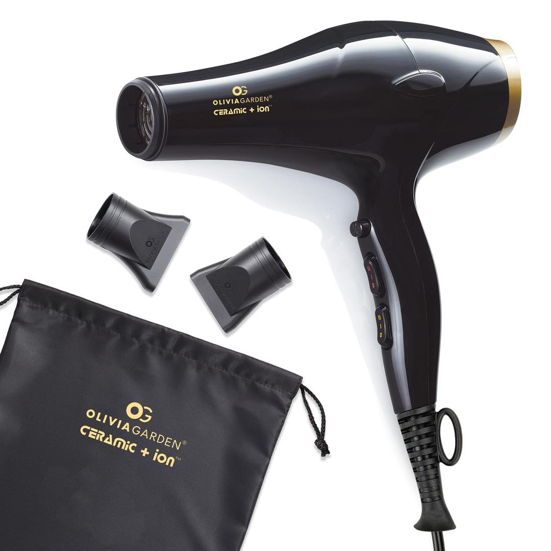 Olivia Garden 1875W Ceramic + Ion Professional Hair Dryer for Men and Women - Fast Drying Blow Dryer - Powerful Ionic Generator - 3 Heat Settings - With 2 Nozzles and Storage Bag (Black/Gold (Cidr1))