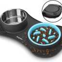Slow Feeder Dog Bowls 3 in 1 Stainless Steel Food and Water Bowls with Non-Spill and Skid Silicone Mat to Slow Down Eating for Large Medium Small Breed Size Dogs and Cats (Dark Grey)