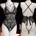 Avidlove Teddy Lingerie for Women Sexy One Piece Bodysuit Lace Deep V Babydoll with Satin Bow Tie (Black, L)