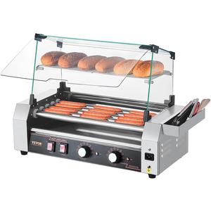 VEVOR Hot Dog Roller, 12 Hot Dog 5 Rollers, Stainless Steel Sausage Grill Cooker, 750W Commercial Hot Dog Machine with Dual Temp Control, Cover, Side Storage Box, Removable Shelf & Oil Drip Tray